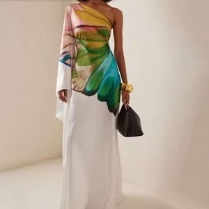 Elegant One-Shoulder Maxi Dress in White and Multicolor
